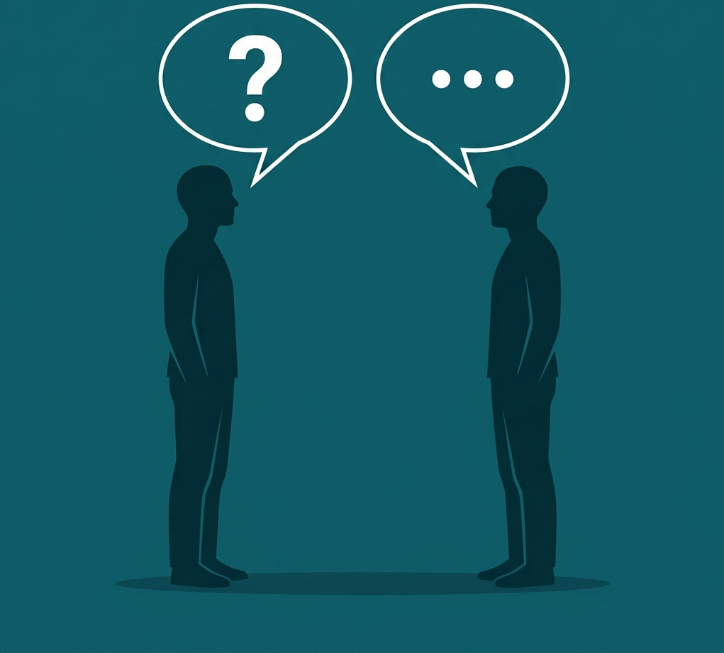 Two human silhouettes facing each other with thought bubbles containing AI-related icons and text